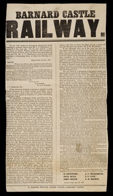 Lot 63 - Railways. Barnard Castle Railway [caption-title], Barnard Castle: R. Barker, 23 November 1853