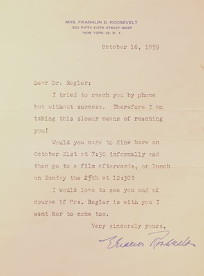 Lot 477 - Roosevelt (Eleanor, 1884-1952, First Lady of the United States 1933-45). Typed letter signed