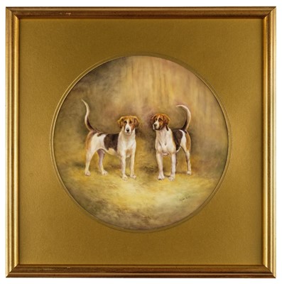 Lot 310 - Cox (Bryan). A pair of Harriers facing, handpainted porcelain plaque