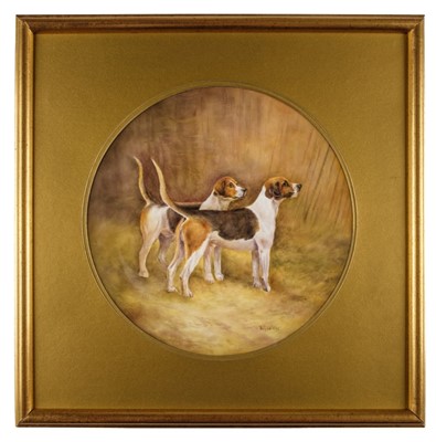 Lot 311 - Cox (Bryan). A pair of Harriers side profile, handpainted porcelain plaque