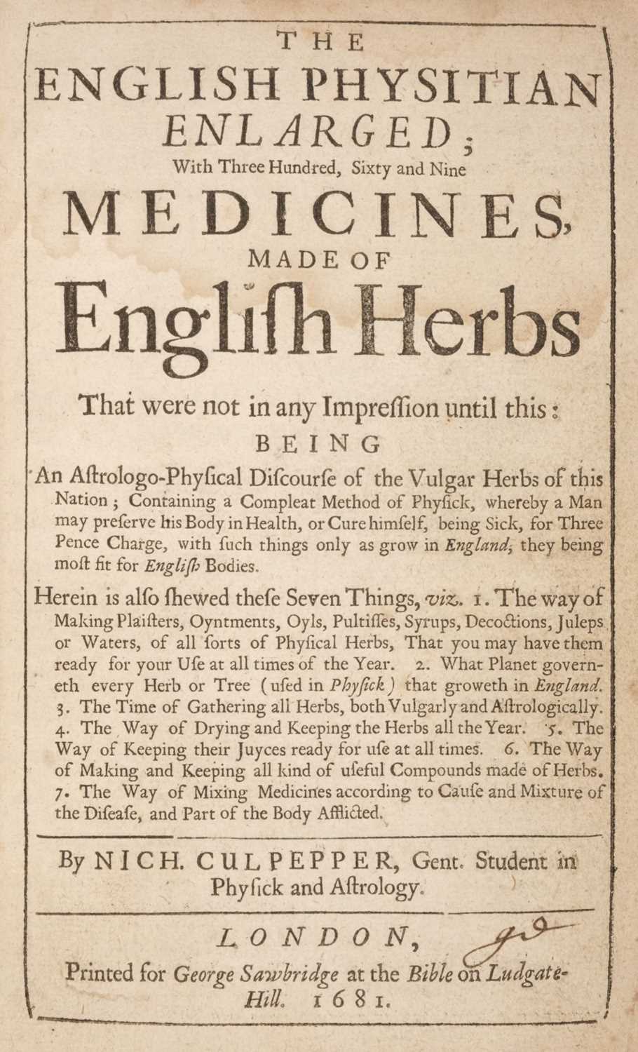 Lot 81 - Culpeper (Nicholas). The English Physitian Enlarged, 1681