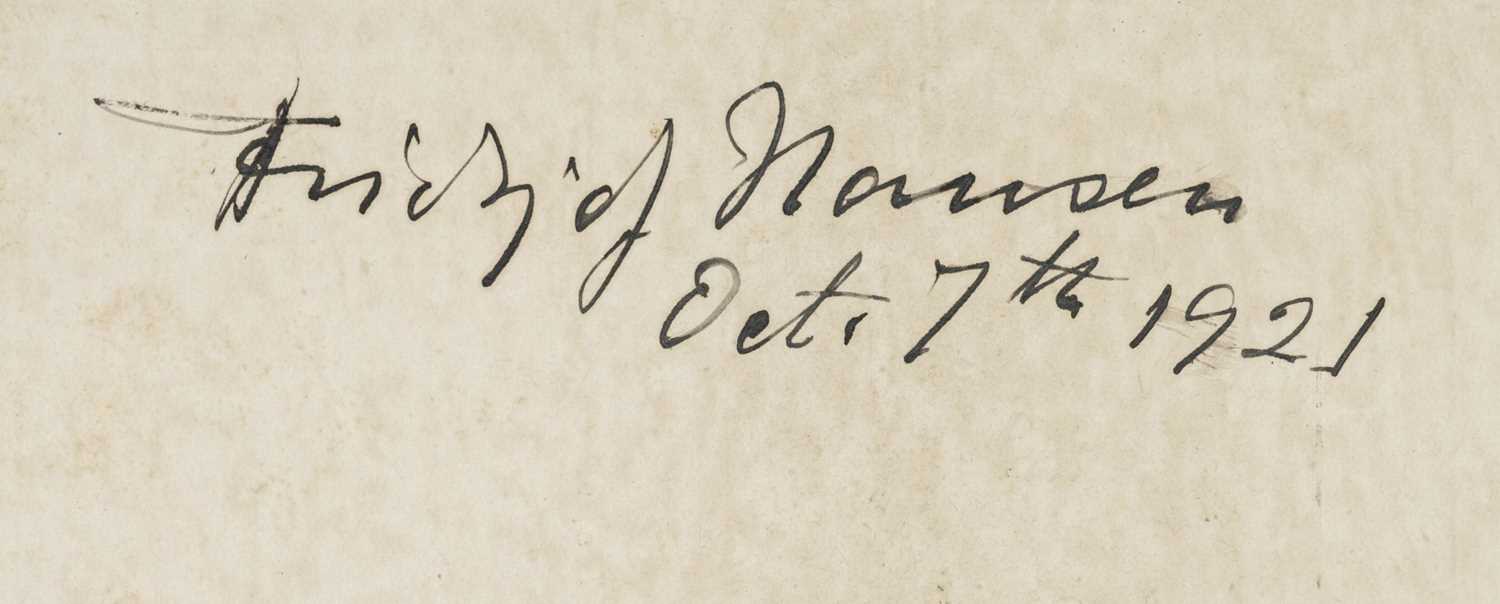 Lot 14 - Nansen (Fridtjof, 1861-1930). Signed menu card, Oct 7th 1921