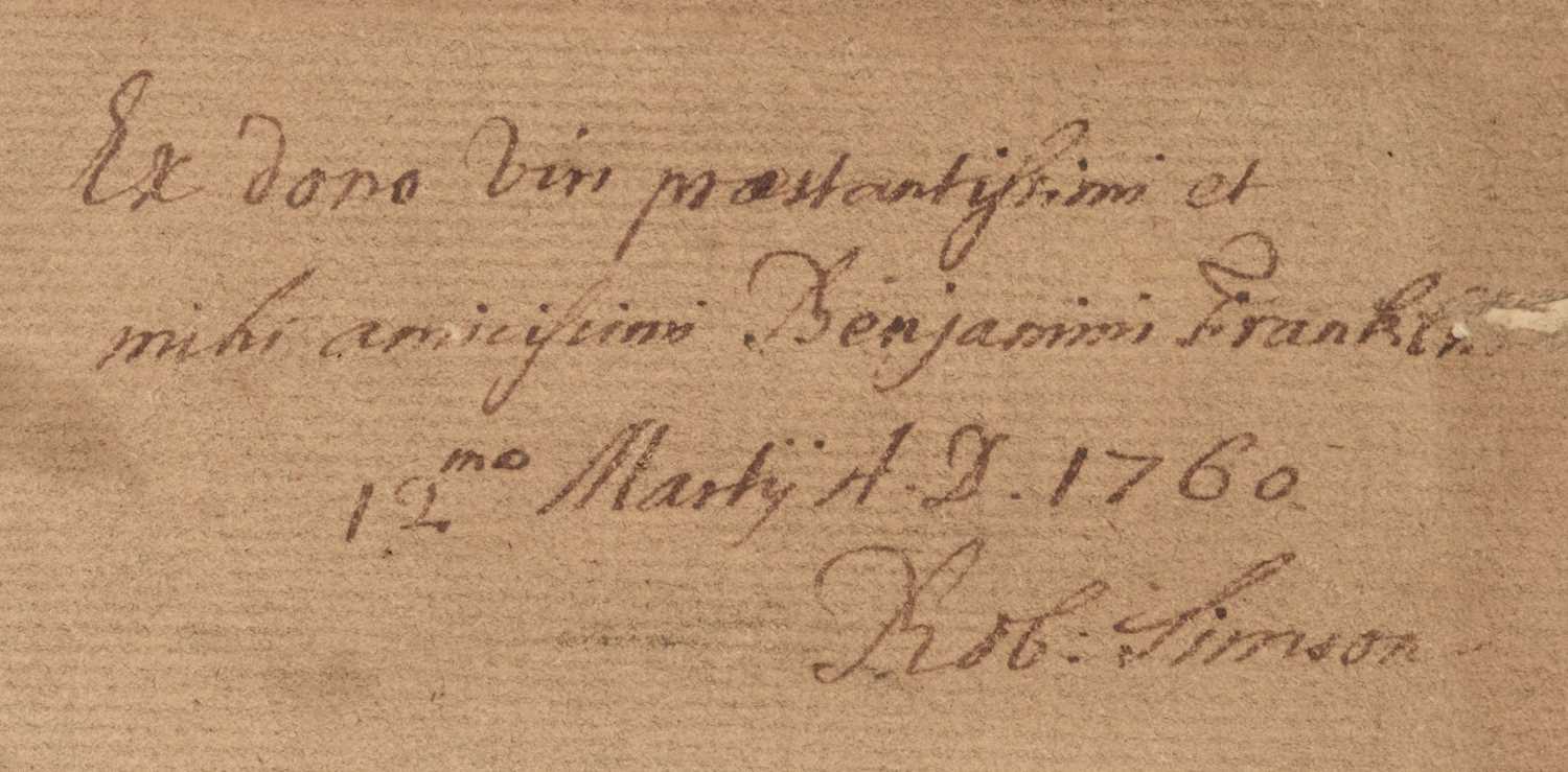 Lot 382 - Halley (Edmond). Menelai Sphaericorum, 1758, given by Benjamin Franklin to Robert Simson