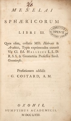 Lot 382 - Halley (Edmond). Menelai Sphaericorum, 1758, given by Benjamin Franklin to Robert Simson