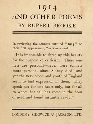 Lot 782 - Brooke (Rupert). 1914 and Other Poems, 1st edition, 1915