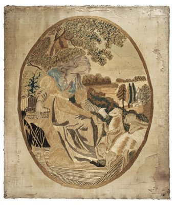 Lot 107 - Embroidered picture. English oval needlework of a lady in a pastoral landscape, circa 1790s
