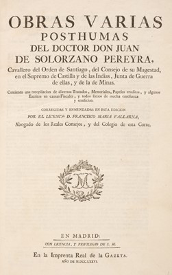 Lot 484 - Solorzano Pereira (Juan de). Obras Varias Posthumas, Madrid, 1776