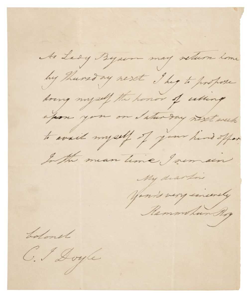 Lot 113 - Roy (Rammohan, 1772-1833). Autograph letter signed to Charles Joseph Doyle, c.1830
