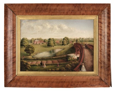 Lot 439 - Naive School. Landscape with steam locomotive, circa 1830-1840