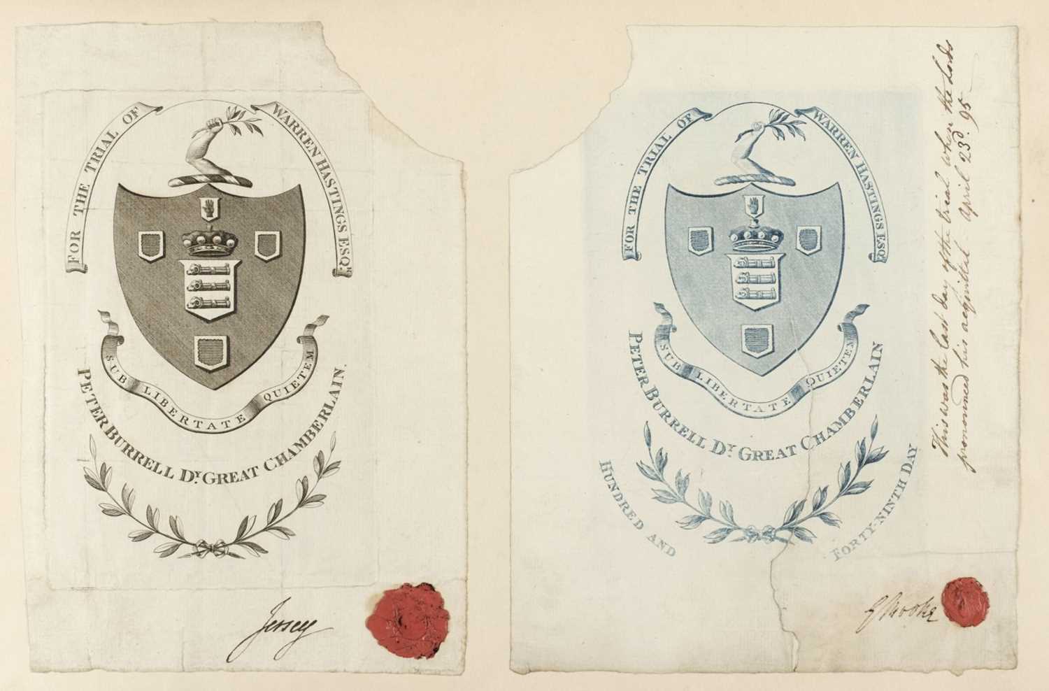 Lot 82 - Hastings (Warren). Two original tickets for the trial of Warren Hastings, c.1795, & others on India