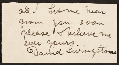 Lot 322 - Livingstone (David, 1813-1873). Autograph end of a letter signed, 'David Livingstone', no date