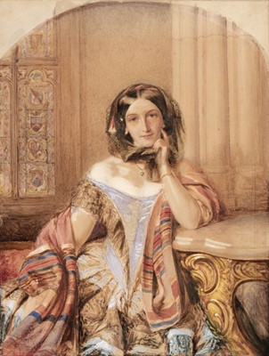 Lot 448 - Irish School. Portrait of a young woman in evening gown and coloured shawl, circa 1840s