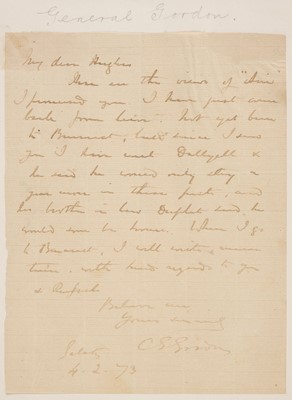 Lot 318 - Gordon (Charles George, 1833-1885). Autograph letter signed, 'C.G. Gordon', 4 February 1873