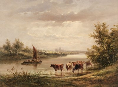 Lot 425 - Earp (Henry I, 1831-1914). River landscape with barge, cattle watering, and Gloucester Cathedral