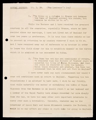 Lot 142 - Edward (Duke of Windsor, 1894-1972). A highly important Typed Letter Signed, Paris, 13 March 1939
