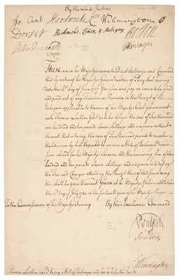 Lot 177 - Walpole (Robert, 1676-1745). A very fine, rare Document Signed, ‘R Walpole’, 22 July 1740