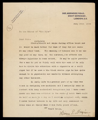 Lot 163 - Maxim (Hiram Stevens, 1840-1916). Typed Letter Signed, 20 February 1914