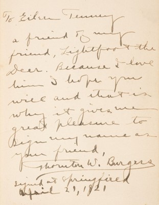 Lot 254 - Burgess (Thornton W.). Lightfoot the Deer, 1st edition, Boston, 1921, inscribed, with letter