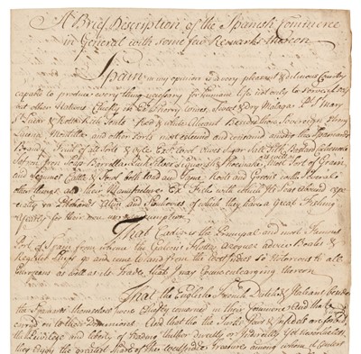 Lot 75 - Spanish Commerce. A Brief Description of the Spanish Commerce in General, c. 1700