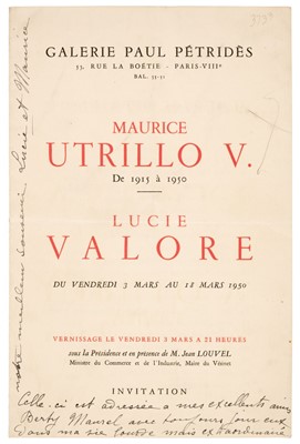 Lot 230 - Utrillo (Maurice, 1883-1955). Inscribed exhibition catalogue, 1838