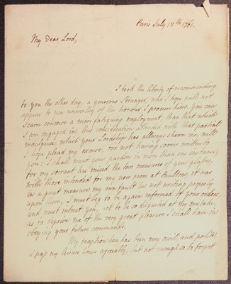 Lot 243 - Seven Years War. ALS by Hans Stanley as "Charge d'Affaires" reporting situation in Paris, 1761
