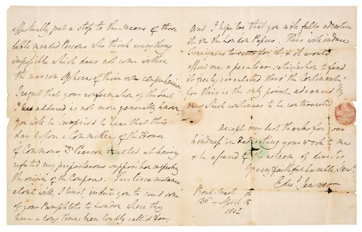 Lot 152 - Edward Jenner (1749-1823). An important unpublished Autograph Letter Signed, 1802