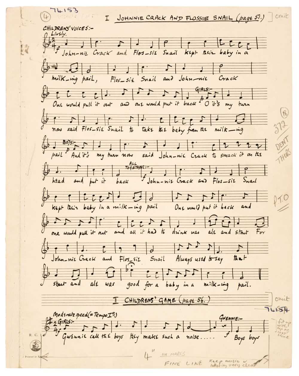 Lot 536 - Jones (Daniel, 1912-1993). Original manuscript score for Under Milk Wood by Dylan Thomas, c. 1953-54