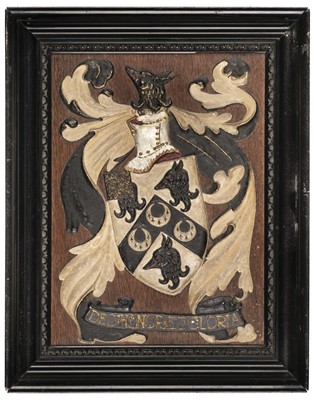 Lot 375 - Heraldry. An armorial panel of Major F.P.R. Nichols M.C.  R.A.S.C., early 20th century
