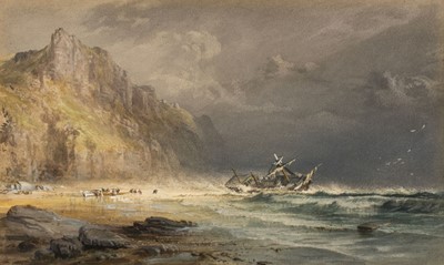 Lot 367 - English School. Shipwreck on the coast, with figures on the beach below cliffs, mid 19th century