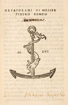 Lot 123 - Bembo (Pietro). Gli Asolani, Venice: Heirs of Aldus the Elder, May 1515