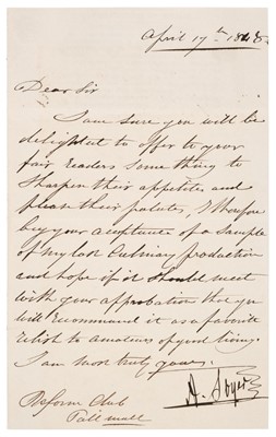 Lot 166 - Soyer (Alexis Benoît). Letter Signed, Reform Club, 17 April 1848