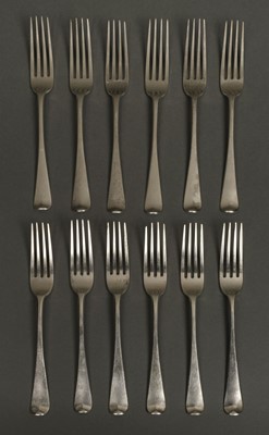 Lot 13 - Forks. 12 George III silver table forks by Thomas Wilkes Barber, London 1809