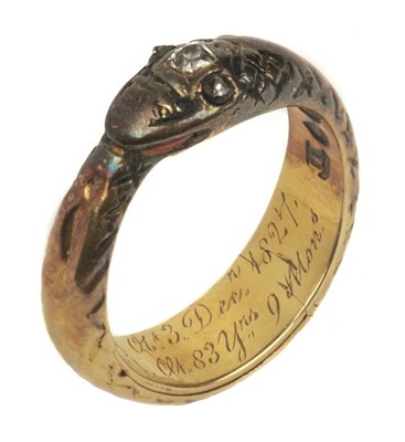 Lot 61 - Mourning Ring. George III period 18ct gold mourning ring in the form of a snake