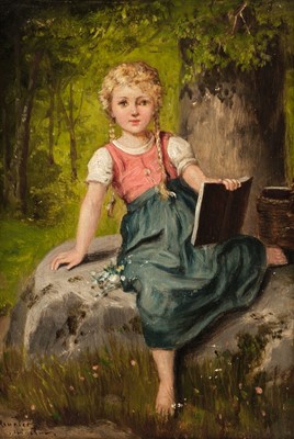 Lot 342 - Meunier (Franz, active circa 1900). Young girl seated, & Young boy with satchel, pair of oils