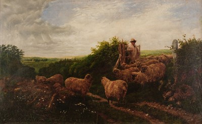 Lot 335 - English School (mid-19th century). Rural landscape with shepherd and flock