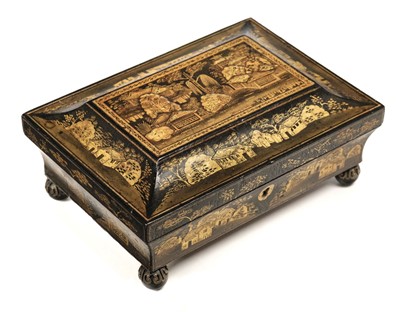 Lot 257 - Games Box. A Regency chinoiserie papier-mâché games box