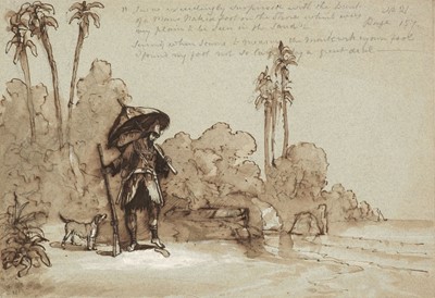 Lot 148 - English School. Illustrations to Robinson Crusoe, circa 1850's-60's, pen, ink and brown wash