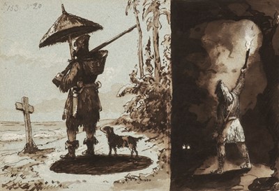 Lot 148 - English School. Illustrations to Robinson Crusoe, circa 1850's-60's, pen, ink and brown wash
