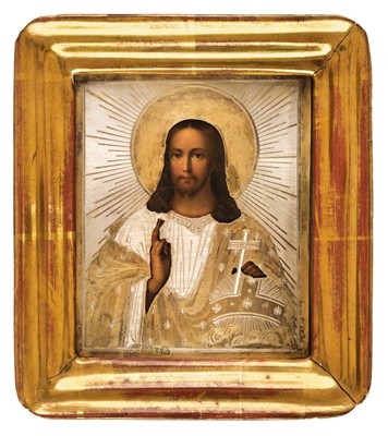 Lot 124 - Russian icon. A travelling icon of Christ Pantocrator, mid 19th century