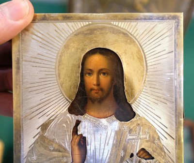 Lot 124 - Russian icon. A travelling icon of Christ Pantocrator, mid 19th century