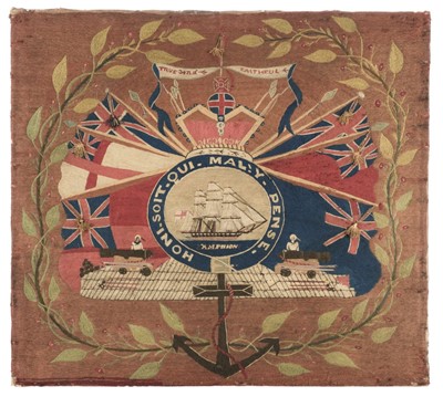 Lot 323 - HMS Amphion. Victorian sailor's woolwork picture