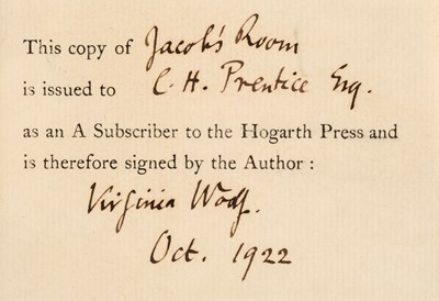 Lot 900 - Woolf (Virginia). Jacob's Room, 1st edition, Hogarth Press, 1922, one of 40 subscribers' copies