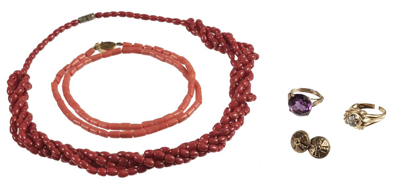 Lot 226 - Mixed Jewellery. Coral necklaces, gold rings and other items