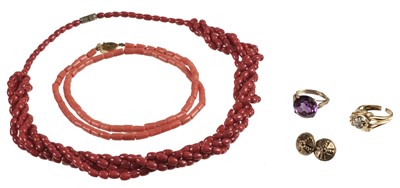 Lot 226 - Mixed Jewellery. Coral necklaces, gold rings and other items