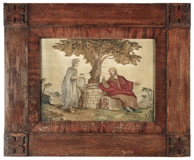 Lot 555 - Embroidered picture. Christ and the Samaritan Woman at the Well, English, early 19th century