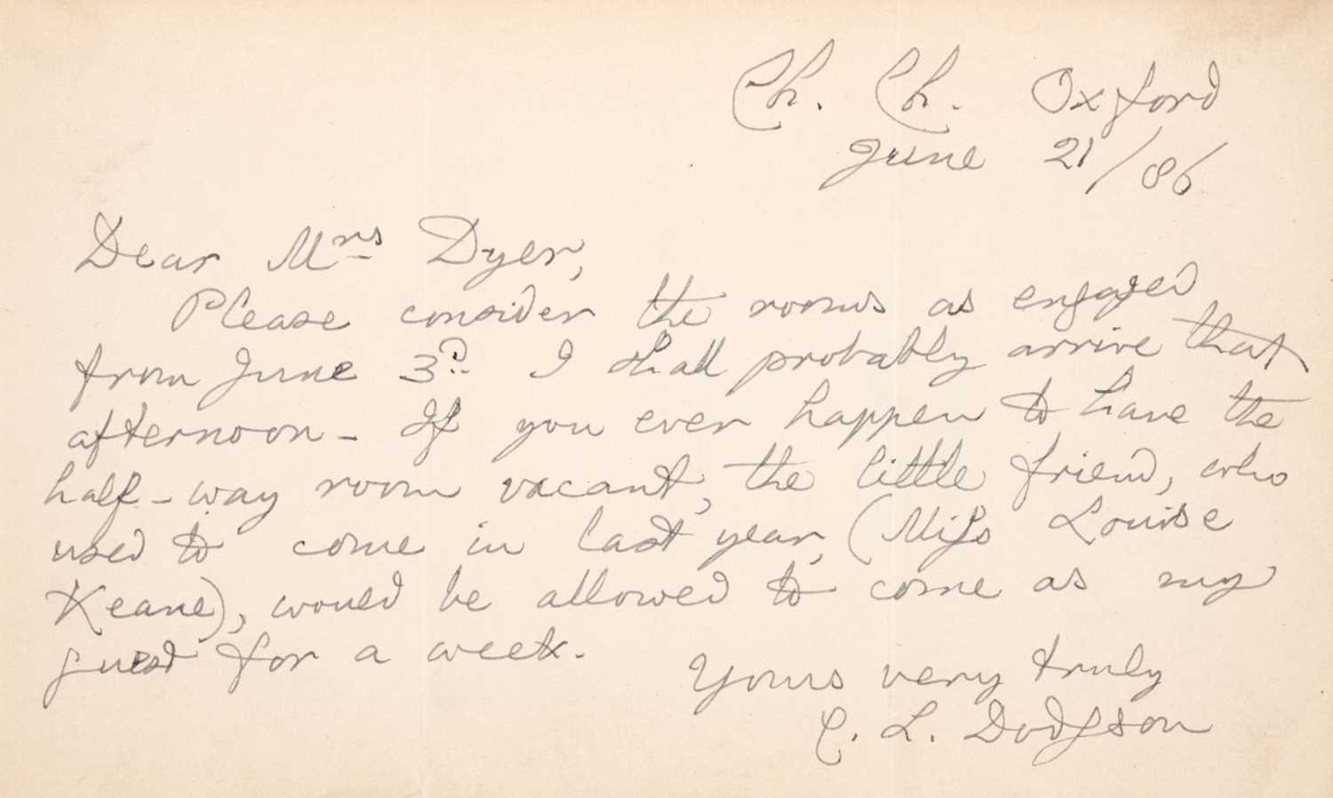 Lot 505 - Dodgson (Charles Lutwidge, 'Lewis Carroll', 1832-1898). Autograph letter signed, 21 June 1886
