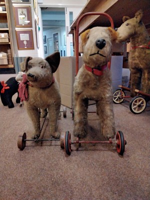 Lot 519 - Toy animals on wheels. Pedigree Soft Toys push along terrier dog, late 1950s-early 1960s, & others