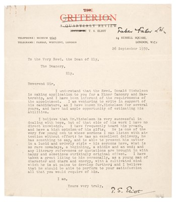 Lot 927 - Eliot (Thomas Stearns, 1888-1967). Typewritten Letter Signed, ’T S Eliot’