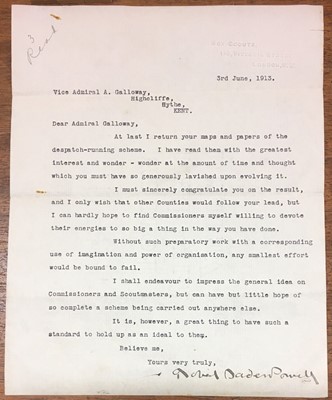 Lot 910 - Baden-Powell (Robert, 1857-1941). Typed Letter Signed, 'Robert Baden-Powell', 3 June 1913