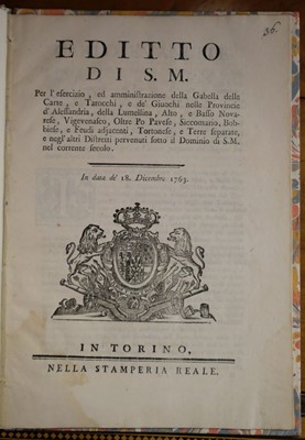 Lot 554 - Regulations on Italian playing cards. 4 volumes, 1763-1820